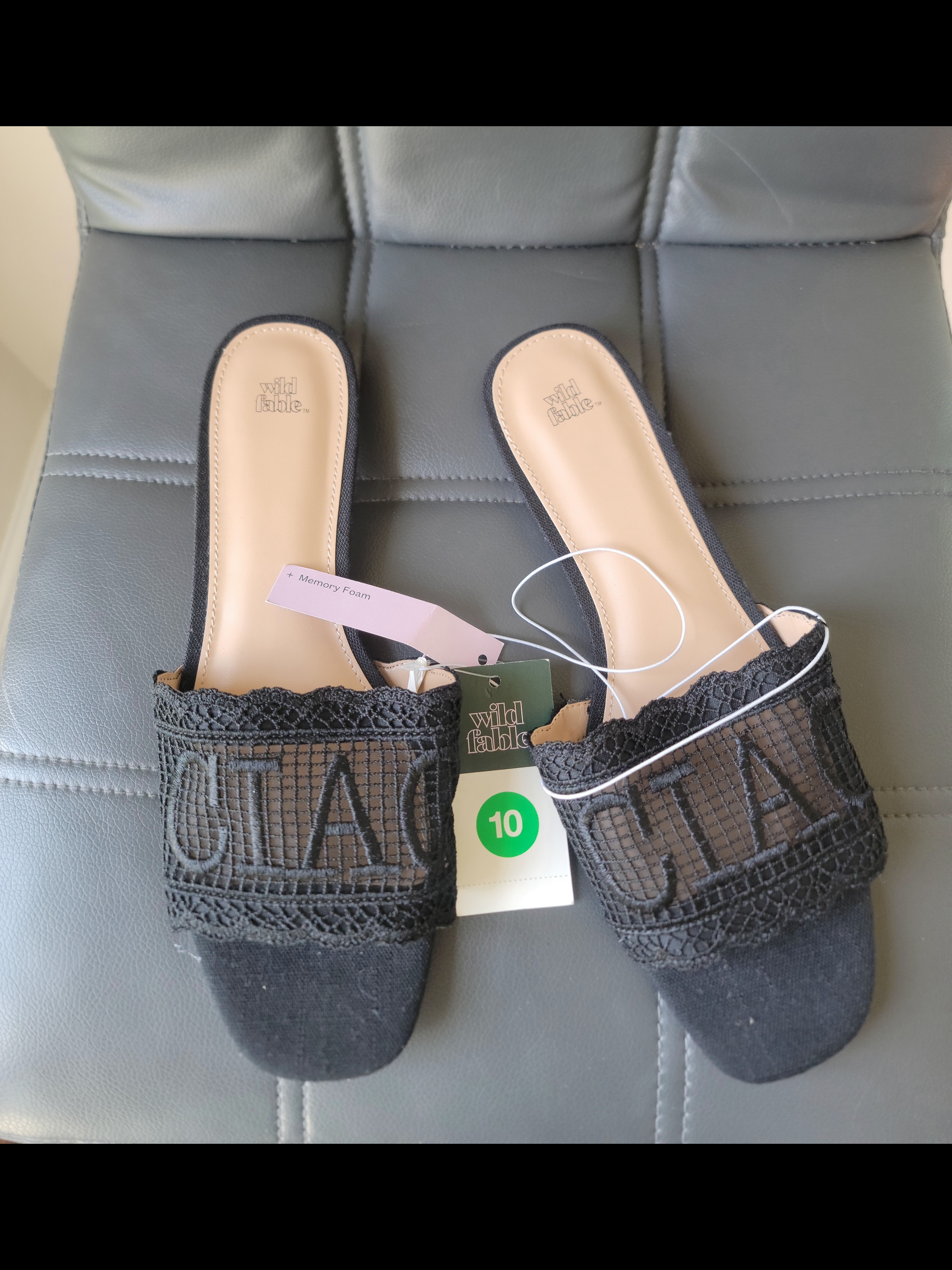Wild Fable Women's Sz: 10 Black Ciao Josephina Lace Flat Memory Foam Sandals Nwt
